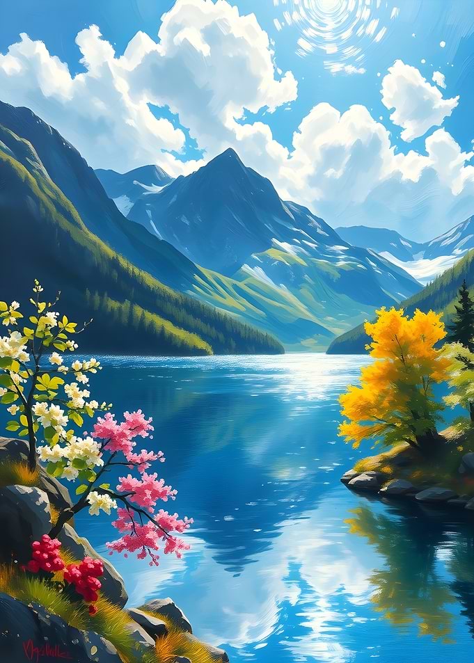 Mountain Lake with Blossoming Trees