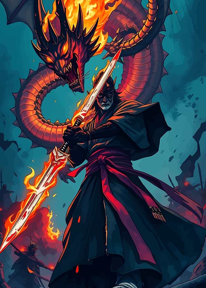 Samurai Warrior with Fiery Dragon