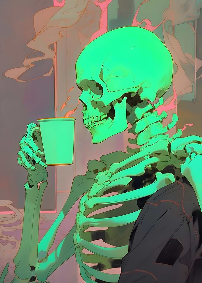 Skeleton Drinking Coffee