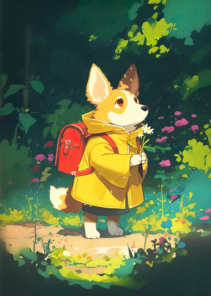 Corgi in Raincoat with Flowers