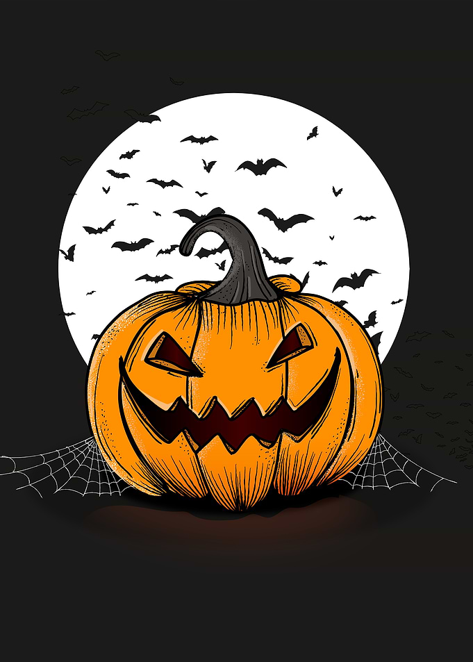 Halloween Pumpkin with Bats and Moon
