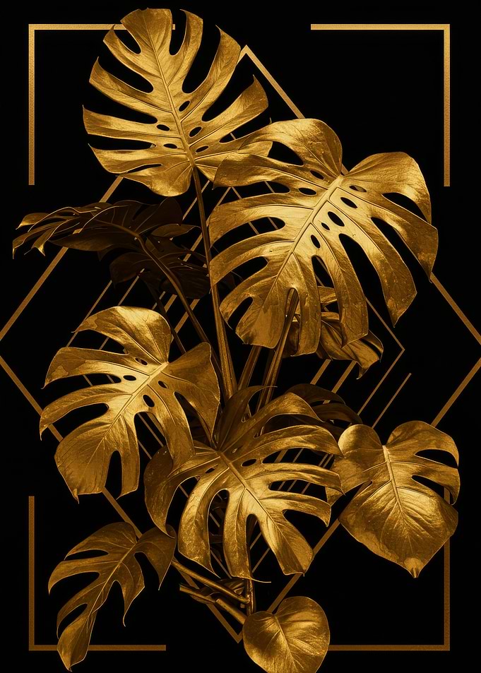 Golden Monstera Leaves on Black Background