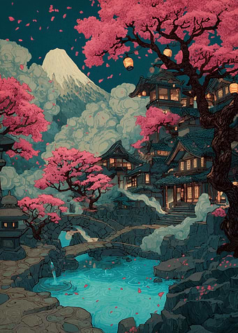 Japanese Village with Cherry Blossoms