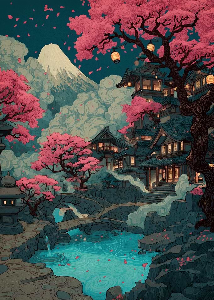 Japanese Village with Cherry Blossoms