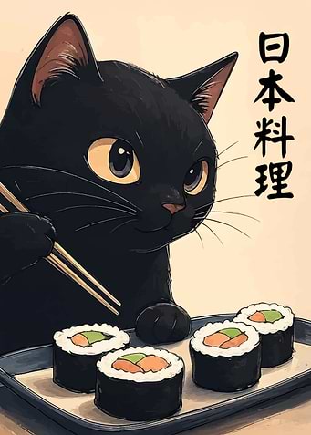 Black Cat with Sushi
