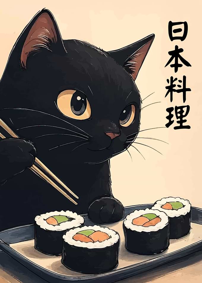 Black Cat with Sushi