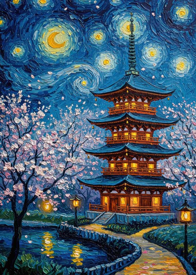 Japanese Pagoda Under Starry Night Sky