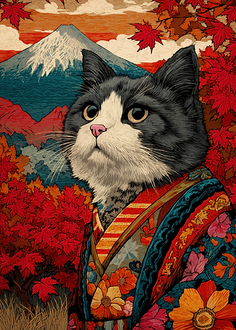 Cat Kimono Mount Fuji