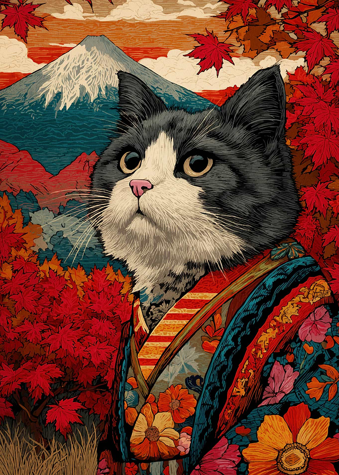 Cat Kimono Mount Fuji