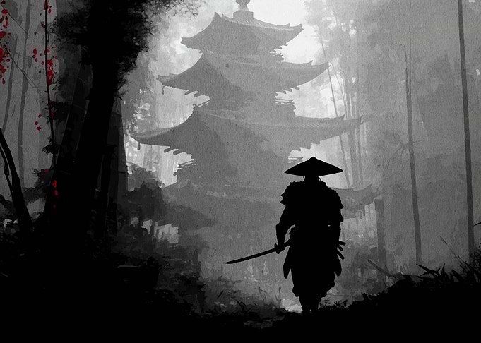 Samurai in Forest with Temple