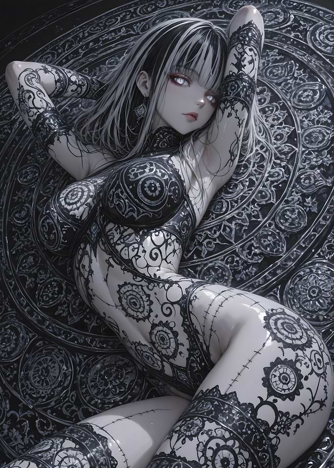 Tattooed Anime Girl on Ornate Background