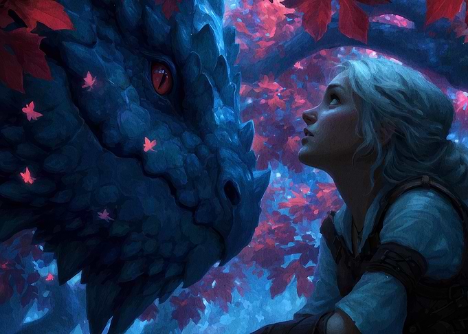 Girl and Dragon in Enchanted Forest