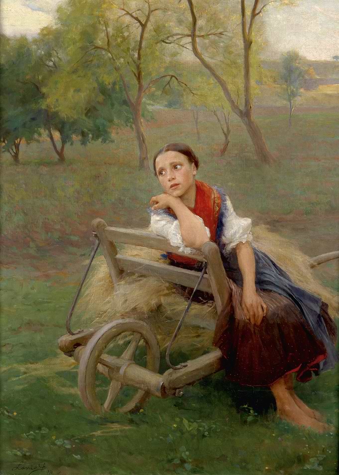 Girl with Wheelbarrow in Landscape Painting