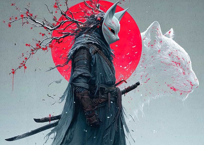 Fox Mask Warrior with Red Sun
