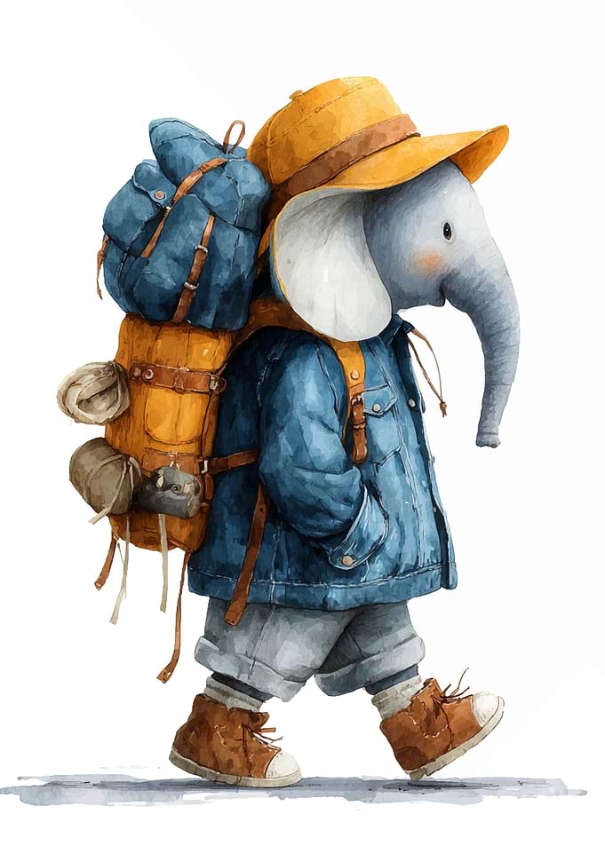 Elephant Traveler with Backpack and Hat