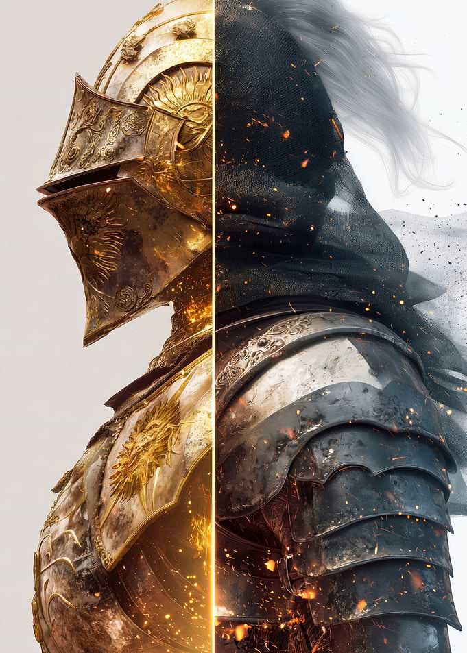 Knight Armor Duality: Golden Radiance vs Dark Shadow in Epic Fantasy