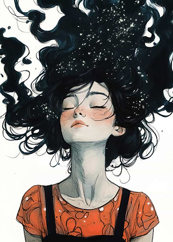 Dreamy Girl with Starry Hair