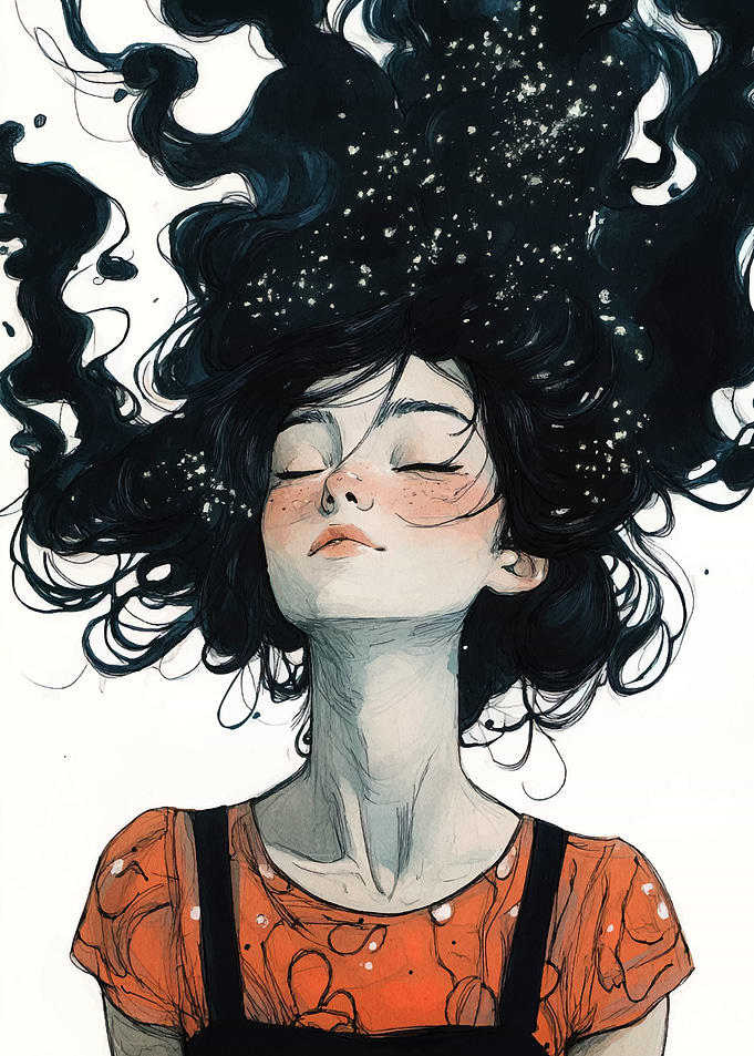 Dreamy Girl with Starry Hair