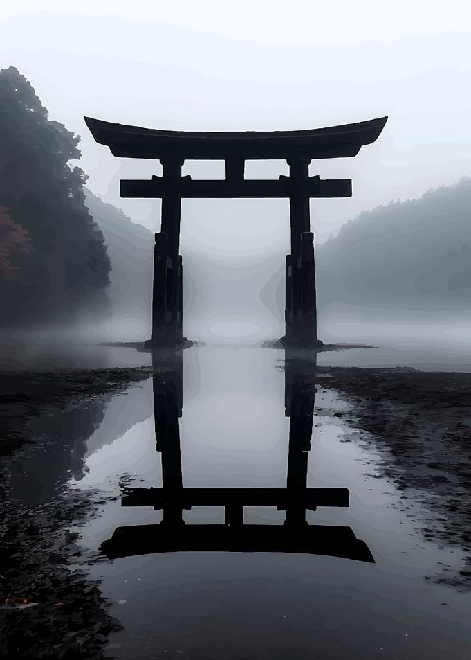 Torii Gate in Foggy Lake