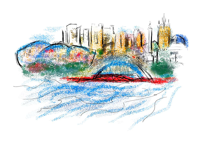 Cityscape Sketch with Bridge and Water