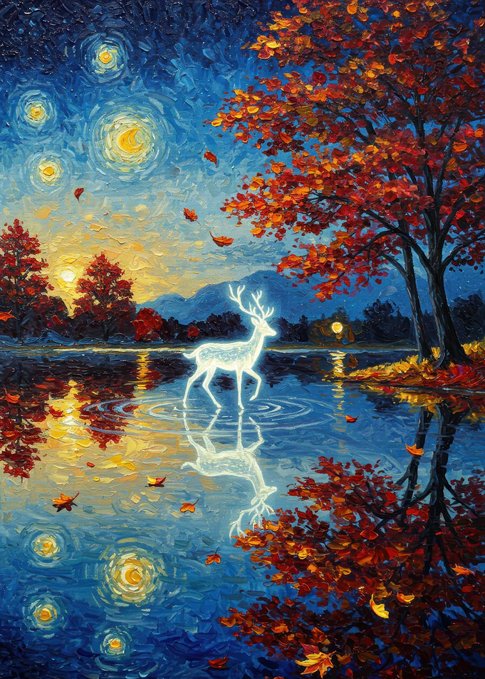 Autumnal Deer Reflection Painting