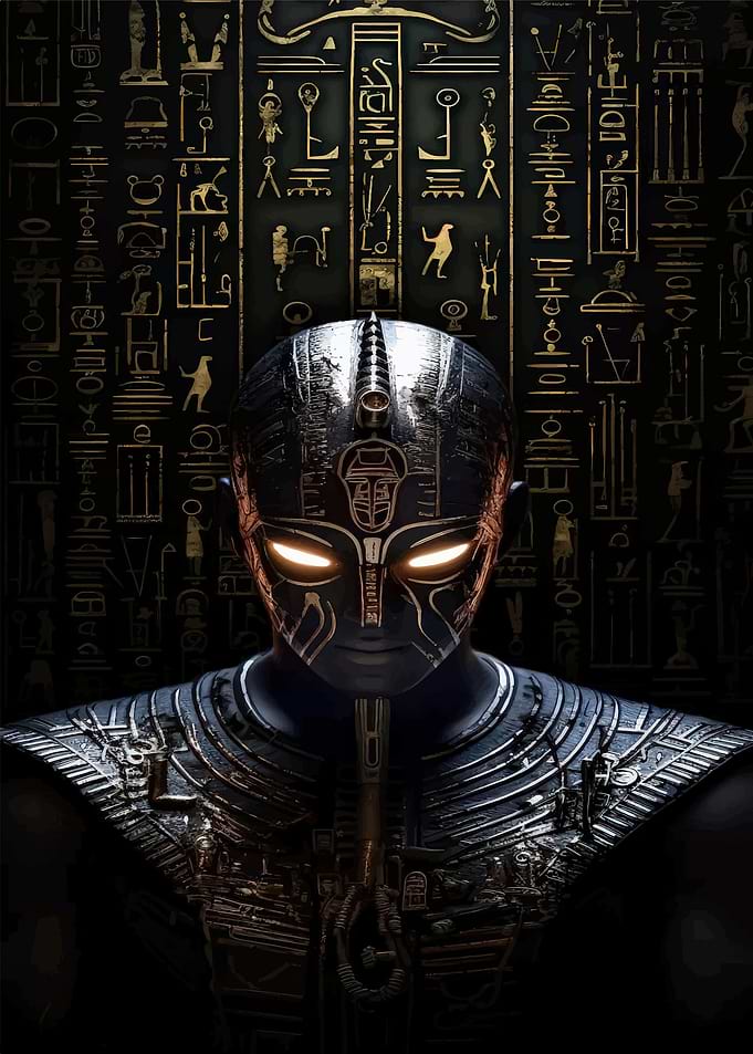 Futuristic Egyptian Robot with Hieroglyphs