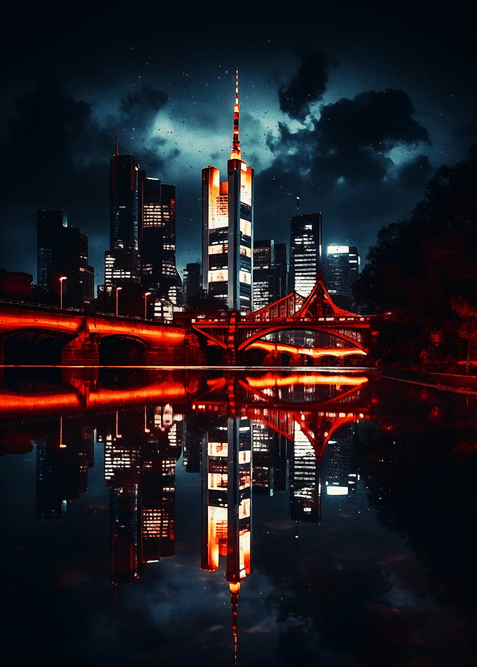 Frankfurt Night Cityscape Reflection