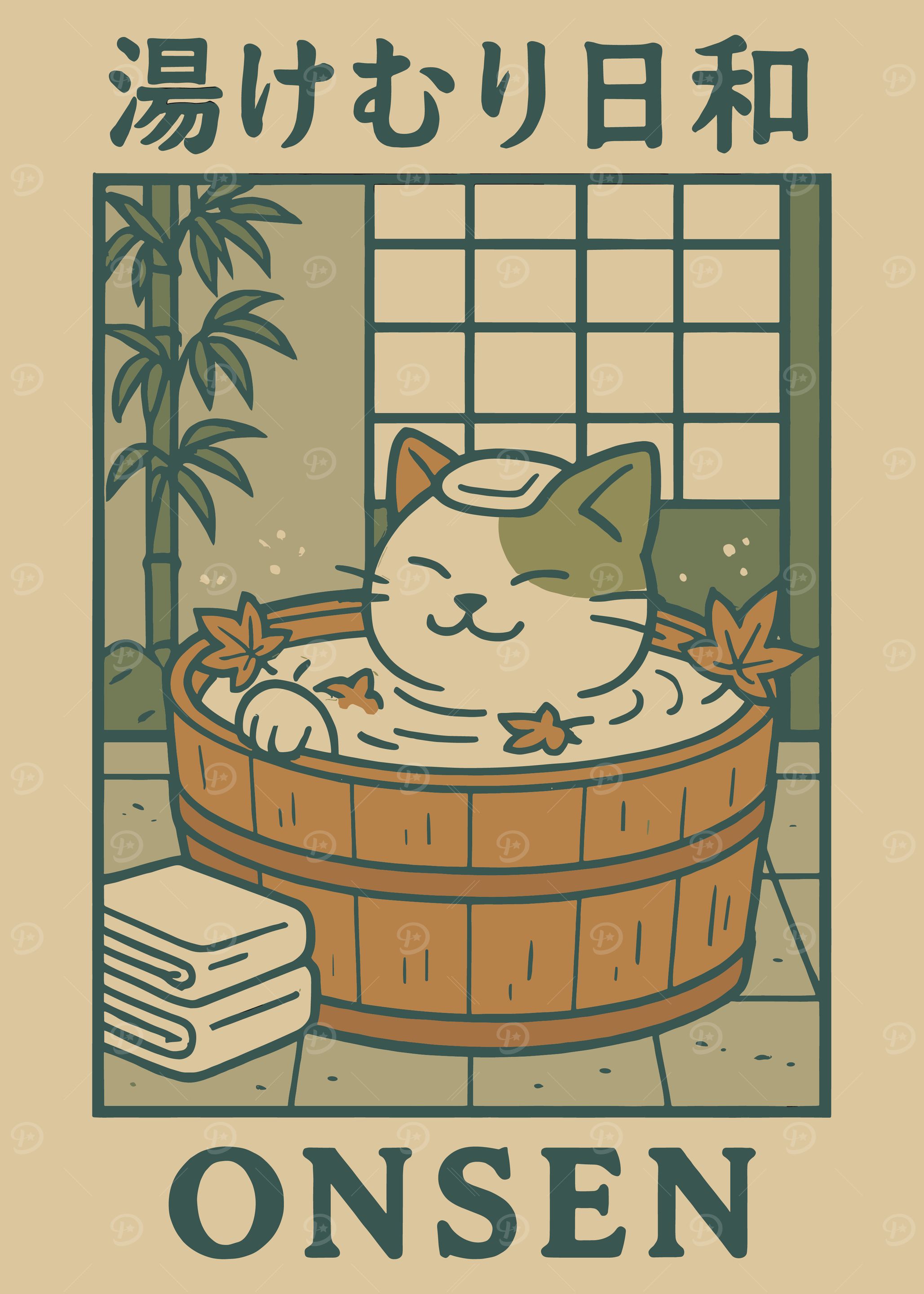 Onsen Cat Wall Art Japanese Bath Poster Cozy Bathroom Decor Cute Tabby Print Zen Animal Illustration Spa Room Aesthetic Gift