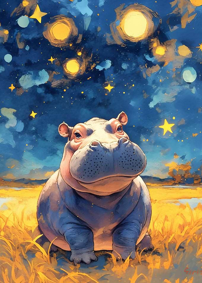 Hippo under starry sky painting