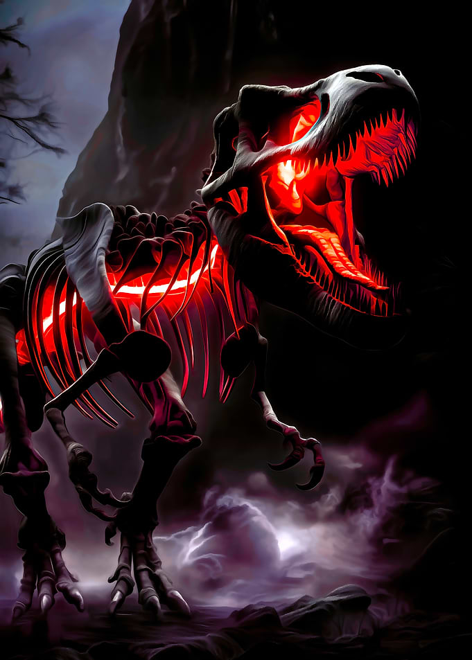 Glowing T-Rex Skeleton in Dark Landscape