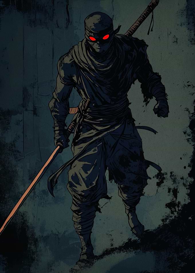 Dark Ninja with Glowing Red Eyes