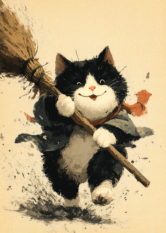 Happy Cat with Broom Illustration