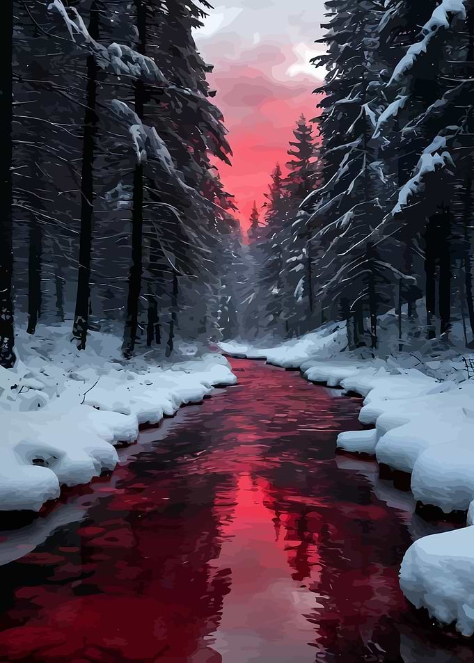 Blood River in Snowy Forest