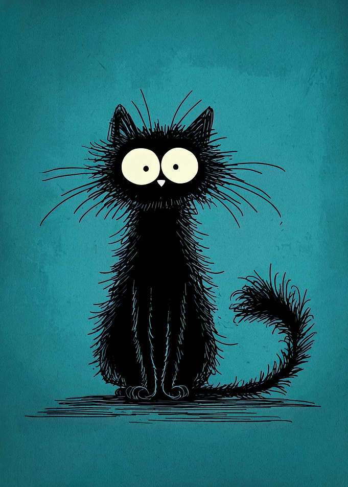 Cartoon Black Cat on Teal Background