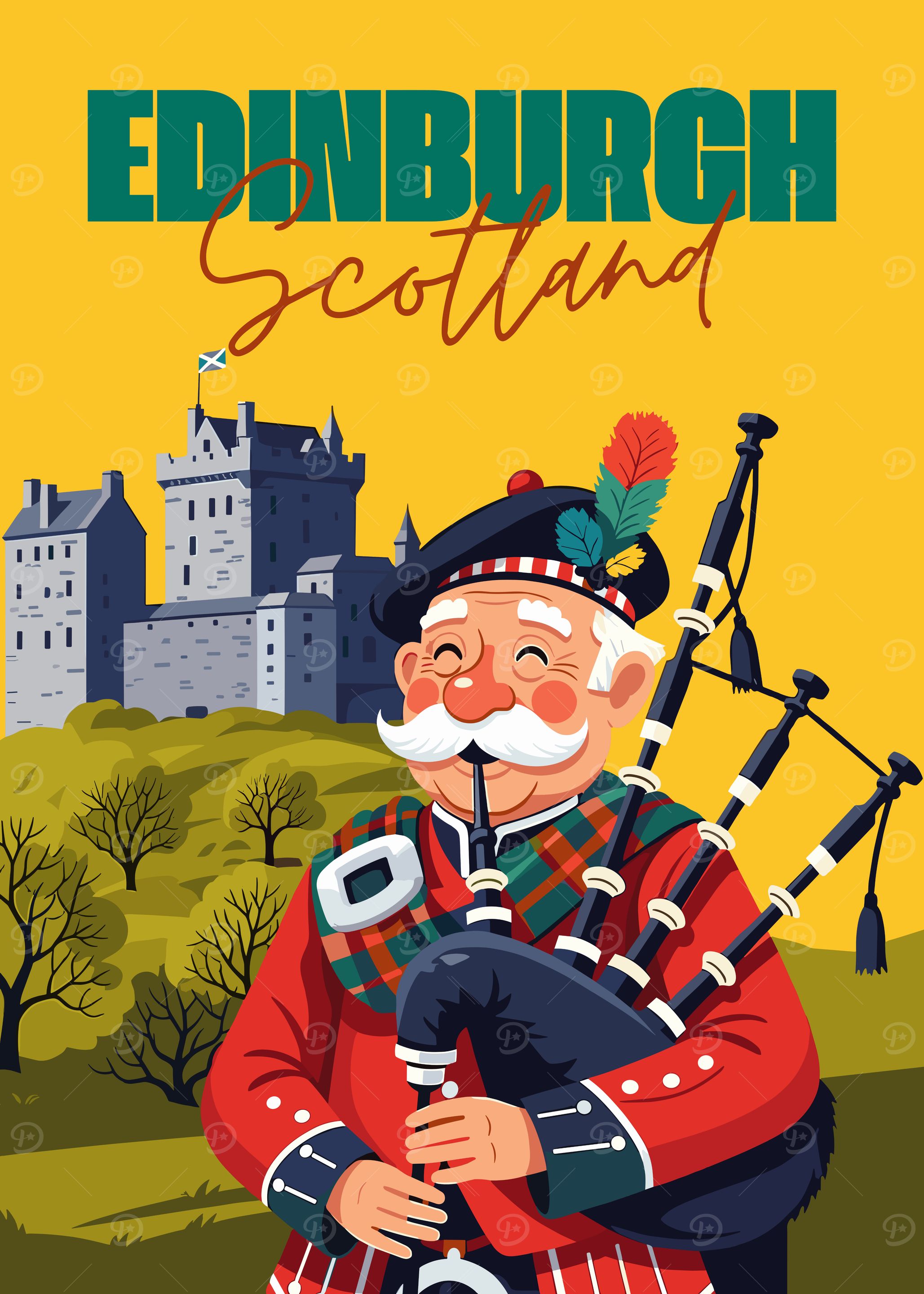 Edinburgh Scotland Bagpiper Illustration