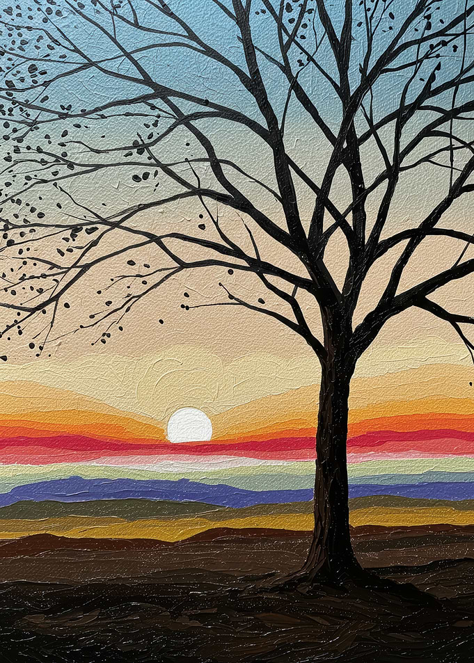 Tree Silhouette at Sunset Painting