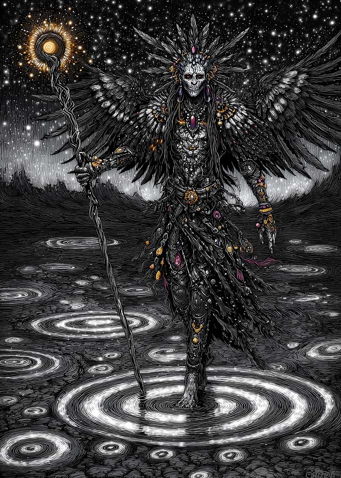 Winged Figure with Staff in Starry Landscape