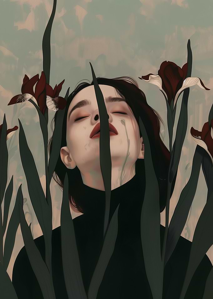 Woman with Flowers, Tears, and Serenity