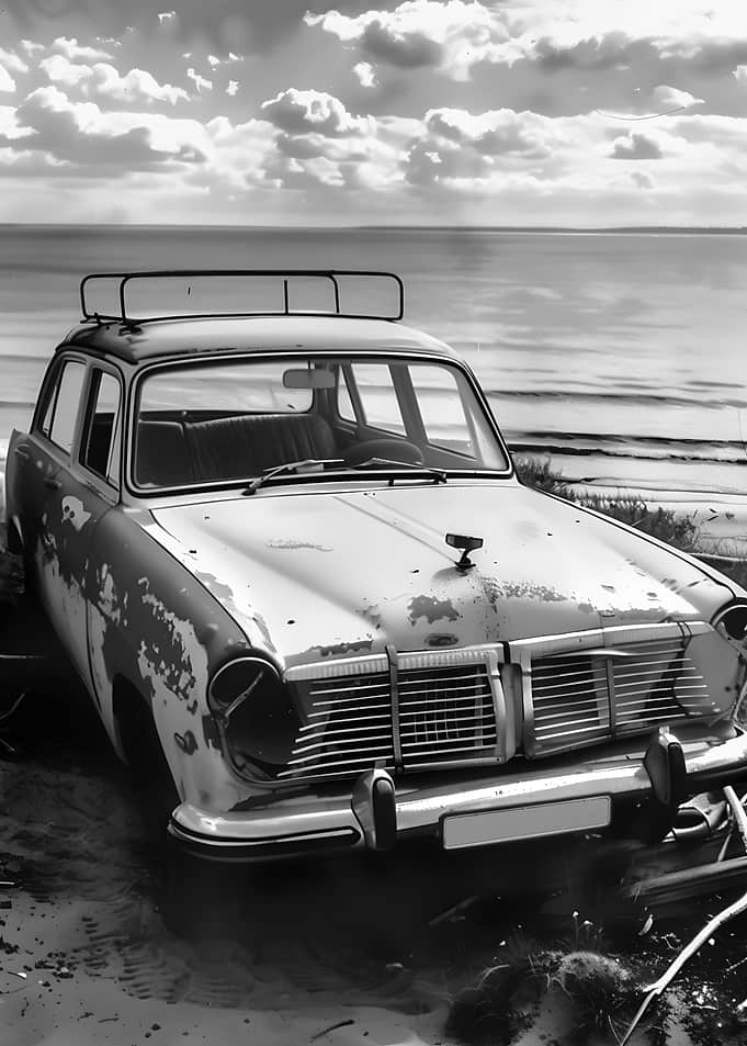 Vintage Car Wreckage on Beach