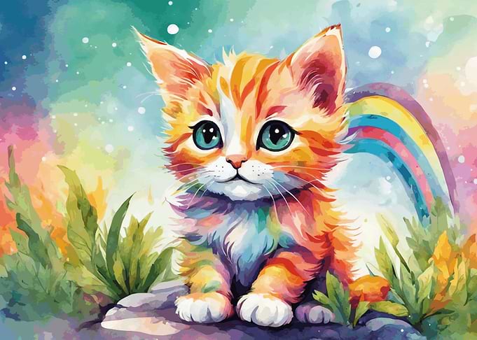 Watercolor Kitten with Rainbow