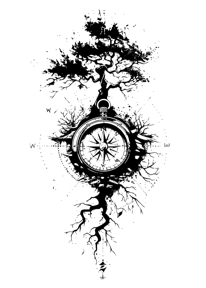 Compass Tree Black and White Art