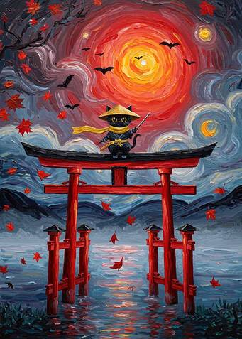 Ninja Cat at Torii Gate Painting