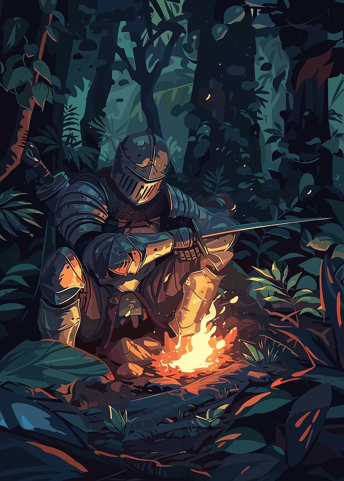 Knight by Campfire in Jungle
