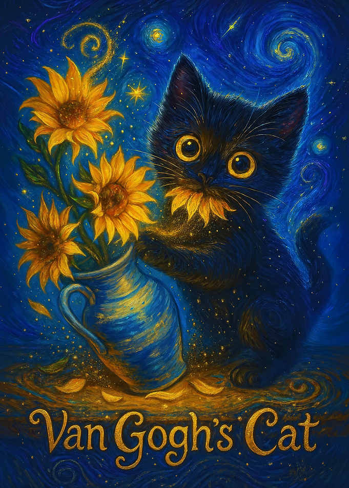 Van Gogh Starry Night Black Cat with Sunflowers