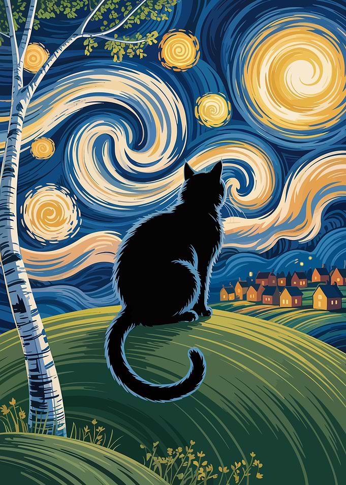 Black Cat Starry Night Art