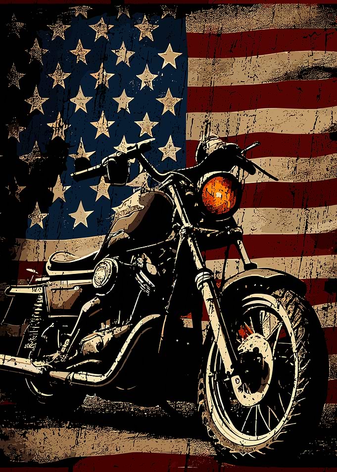 Motorcycle with American Flag Backdrop