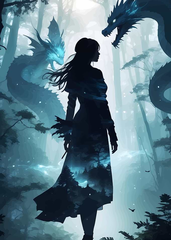 Woman and Dragons in Forest