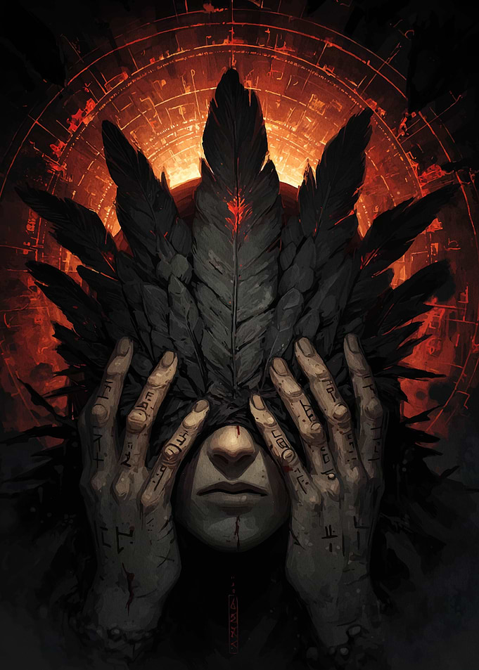 Mystic Figure with Feathers and Runes