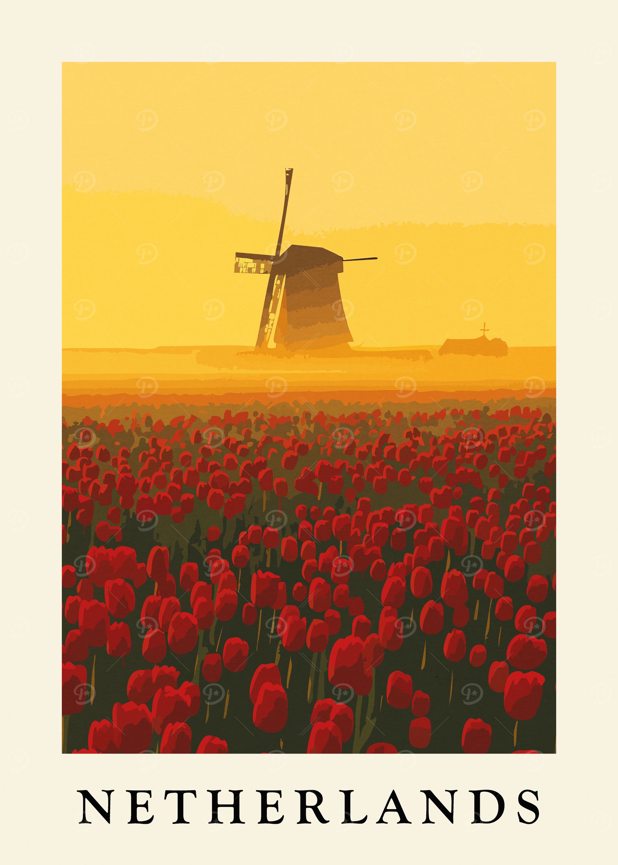 Netherlands Windmill and Tulips Art Print