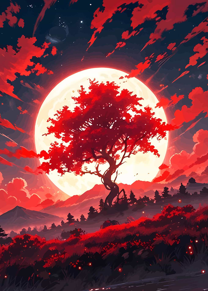 Red Tree Under a Full Moon